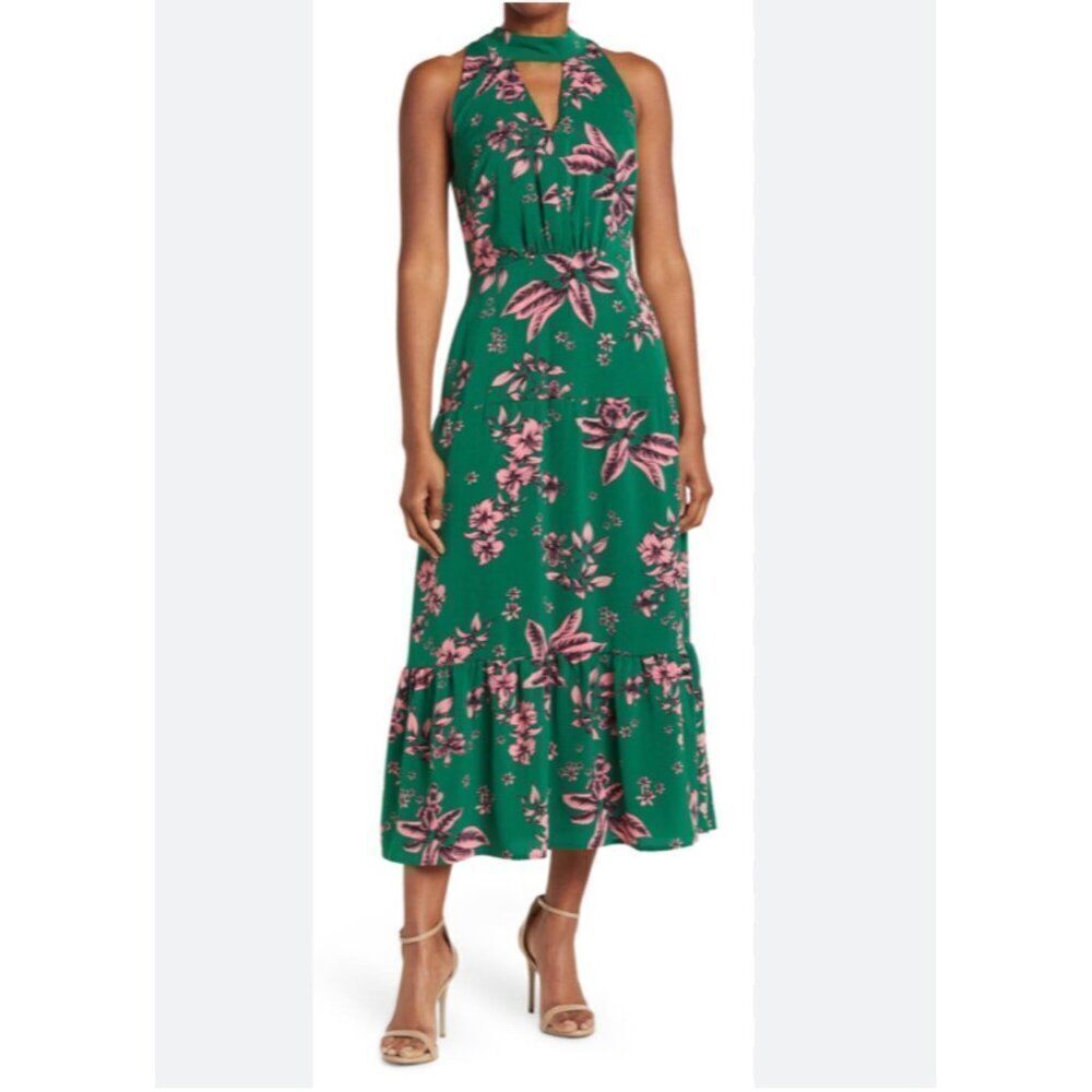 Sam Edelman Women Green With Pink Floral Cut-Out Midi Dress Size 10 - Picture 4 of 10